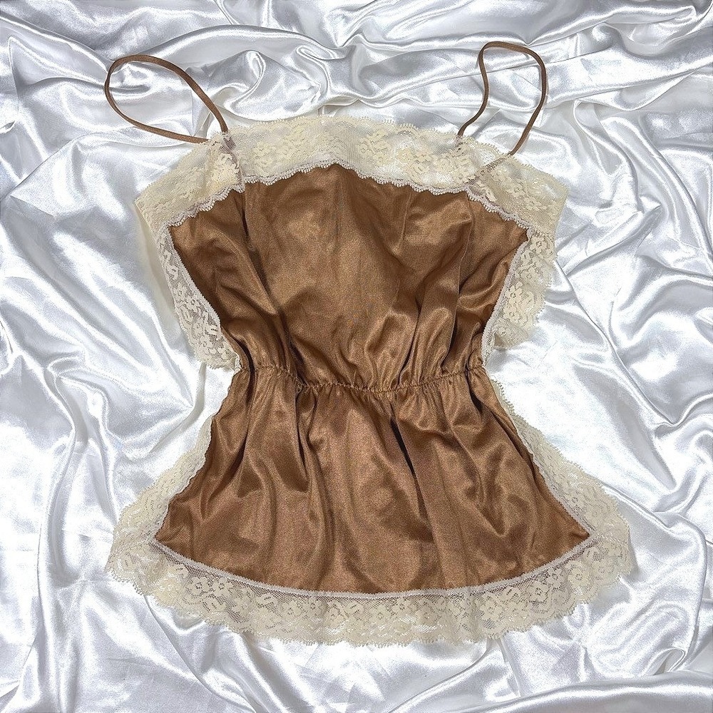 Vintage Coquette Camisole Bronze Lace Trim Cinched Waist Peplum Top